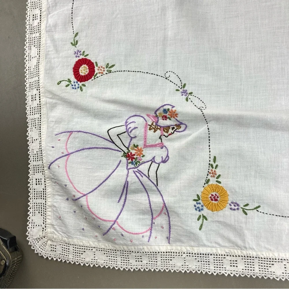 Vintage Hand Embroidered Linen & Lace Tablecloth Crinoline Ladies in Hoop Skirts